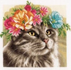 Lanarte PN-0189339 Kreuzstichpackung Katze Mit Blumenkrone